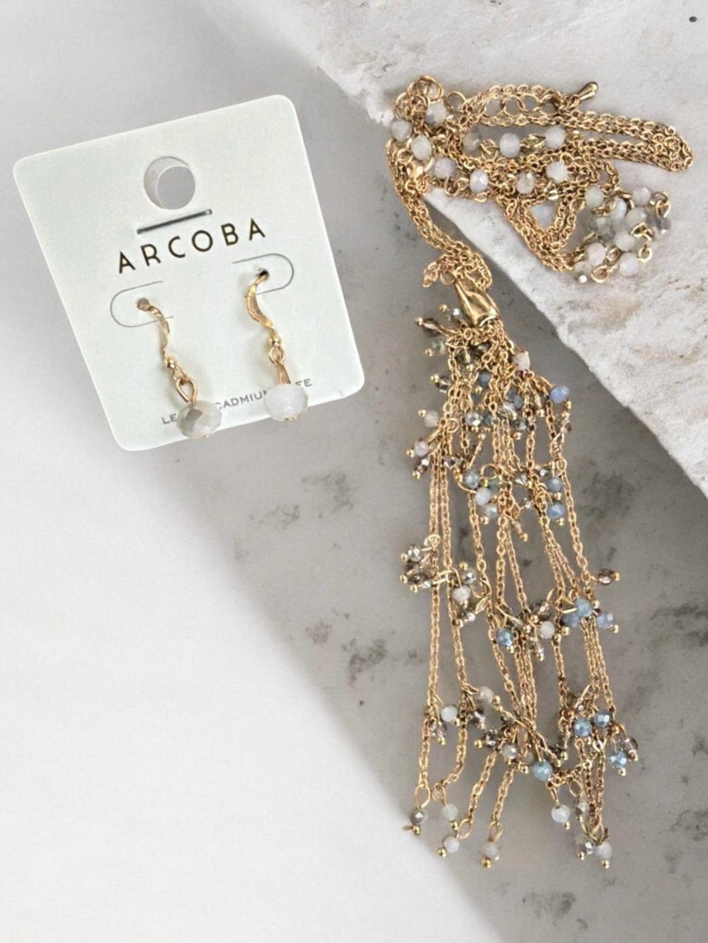 Arcoba Gold Tone and White Necklace With Matching Bead Drop Earrings 15” Chain